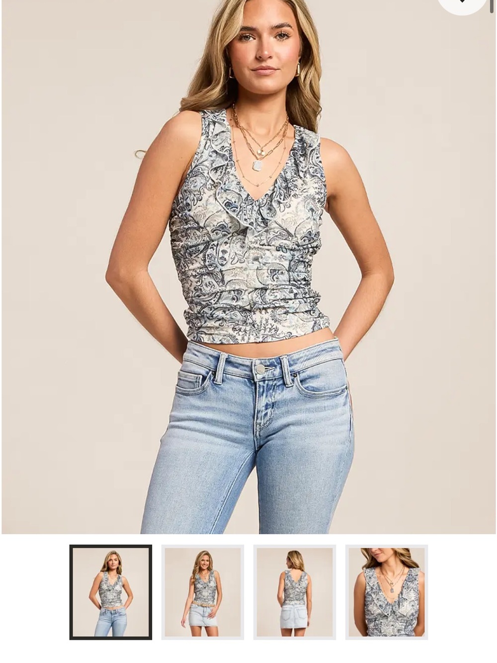 Sleeveless Paisley Ruffle V-Neck Tank Top - Blue & White
